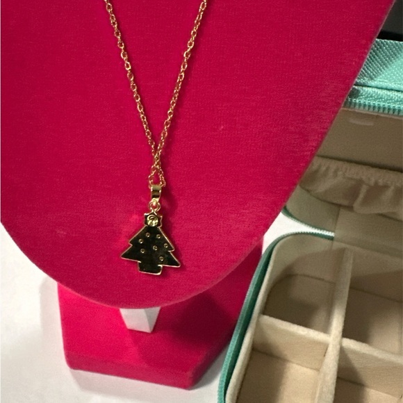 Christmas Tree Necklace Stainless Steel Gold tone and Teal Jewelry travel case - Picture 3 of 4